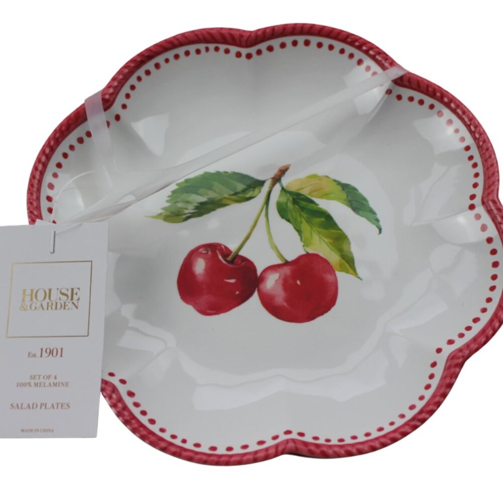 House & Garden Cherry Melamine 9" Salad Plates Scalloped Red Dot Set of 4 NWT